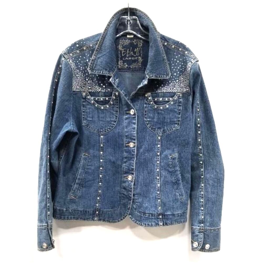 Ethyl Embellished Rhinestone Denim Jacket L Studded Blue Western Y2K Jean Jacket